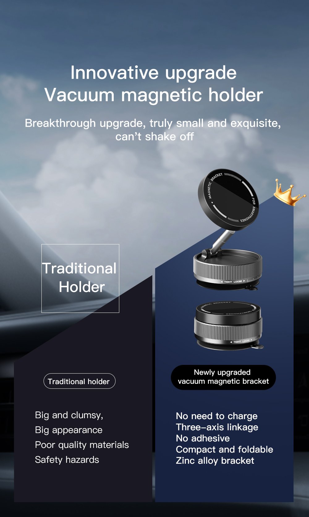 🚗📱Magnetic Phone Mount, Suction Car Phone Holder, Vacuum Phone Mount with One-Step Lock, Compact & Stable Design for Car Accessories